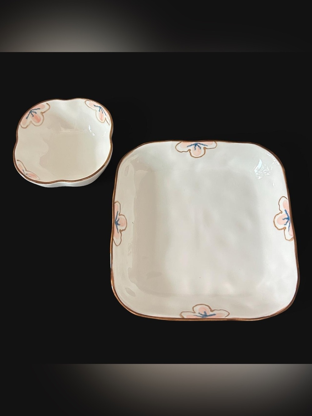 White Ceramic Floral-Trim Dinner Plate and Bowl Set